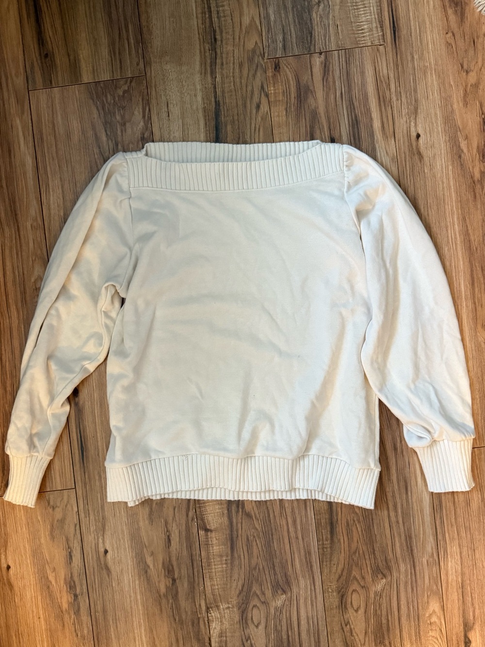 LOFT Cream Boatneck Ribbed-Trim Sweater size L summery cozy